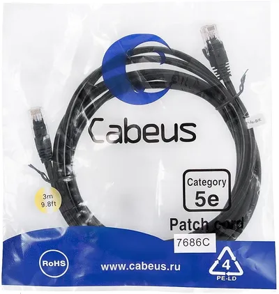 Патч-корд Cabeus PC-UTP-RJ45-Cat.5e-3m-BK-LSZH, U/UTP Cat.5e, 2×RJ45, LSZH, 3 м, черный