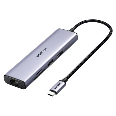 Кабель-адаптер Ugreen 60515, USB-C → 2×USB3.0+RJ45+HDMI+SD