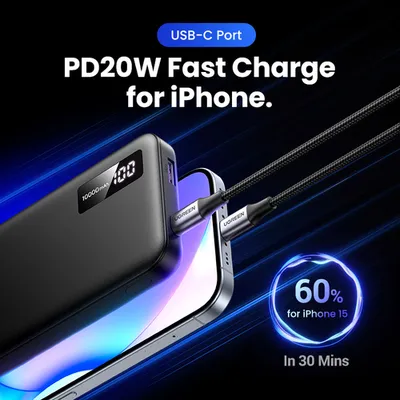 Внешний аккумулятор UGREEN PB311 (25742), 10000 мА·ч, PD 20 Вт, USB-C + USB-A