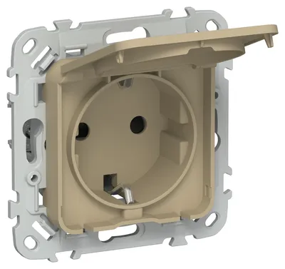 Розетка IEK FLITE РСшкр11-1-44-ФлХ, с заземлением, шторками и крышкой, 16 А, IP44