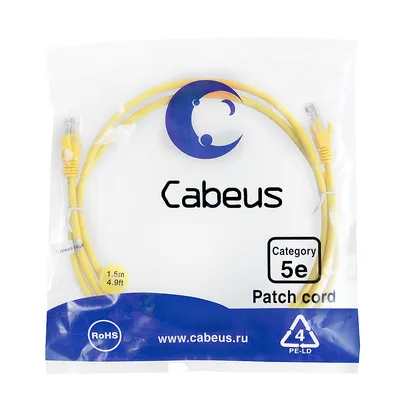 Патч-корд Cabeus PC-UTP-RJ45-Cat.5e-1.5m-YL, U/UTP, 1.5 м, жёлтый