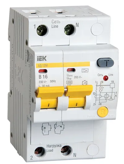 Автоматический выключатель IEK АД-12М MAD12-2-016-B-030, 2P, B 16 А, 30 мА, тип A