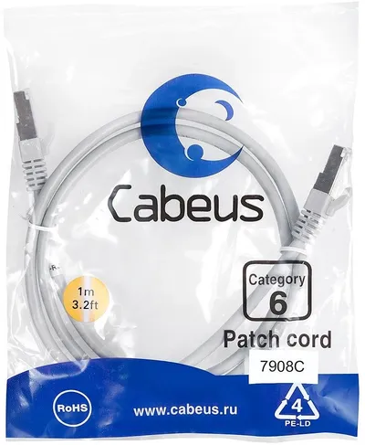 Патч-корд Cabeus PC-FTP-RJ45-Cat.6-1m-LSZH, F/UTP кат.6, 2×RJ45, 1 м, серый