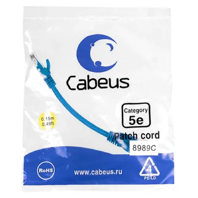 Патч-корд Cabeus PC-UTP-RJ45-Cat.5e-0.15m-BL-LSZH, U/UTP, кат. 5e, 0.15 м, синий