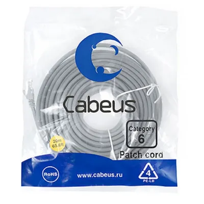 Патч-корд Cabeus PC-UTP-RJ45-Cat.6-20m, U/UTP Cat.6, 2×RJ45, 20 м, серый