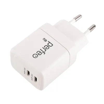 Зарядное устройство Perfeo I4662, сетевое, 2×USB-C, GaN, 40 Вт, белое